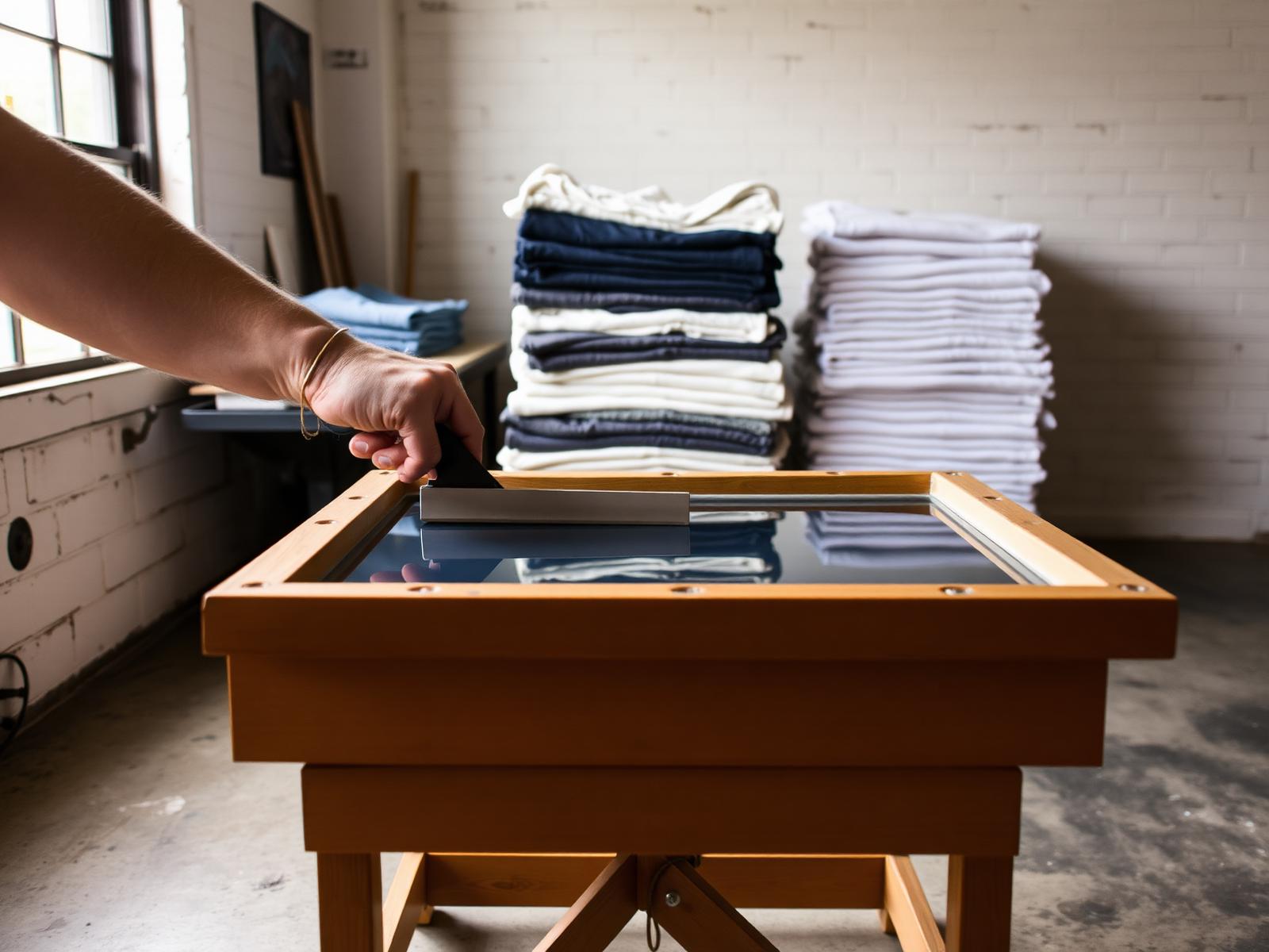 A hand pulling a squeegee across a screen on a wooden printing table.