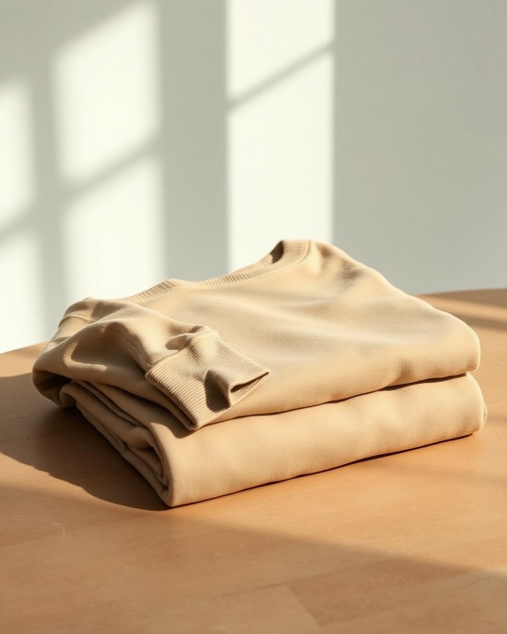 An oatmeal heavyweight crewneck folded on a wood table.